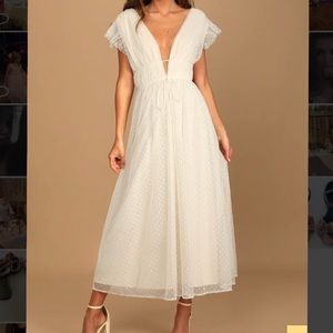 Yours Evermore Cream Swiss Dot Ruffled Midi Dress - Lulu’s Size Large